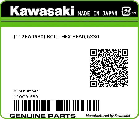 Product image: Kawasaki - 110G0-630 - (112BA0630) BOLT-HEX HEAD,6X30  0