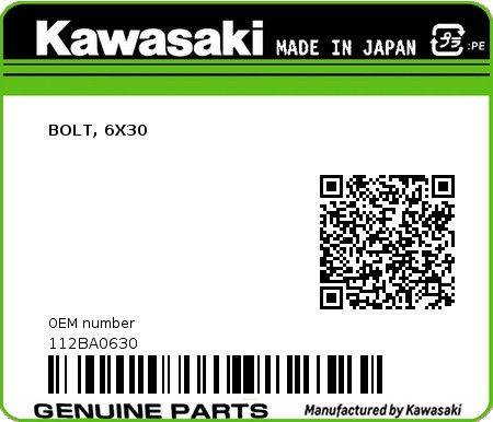 Product image: Kawasaki - 112BA0630 - BOLT, 6X30  0
