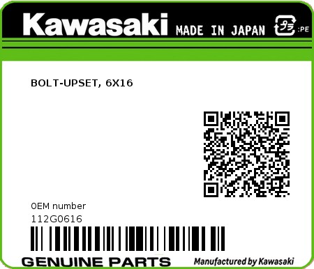 Product image: Kawasaki - 112G0616 - BOLT-UPSET, 6X16  0