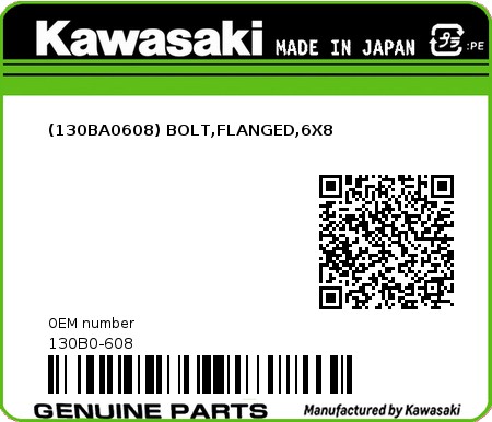 Product image: Kawasaki - 130B0-608 - (130BA0608) BOLT,FLANGED,6X8  0