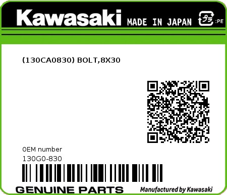 Product image: Kawasaki - 130G0-830 - (130CA0830) BOLT,8X30  0
