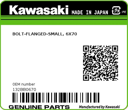 Product image: Kawasaki - 132BB0670 - BOLT-FLANGED-SMALL, 6X70  0