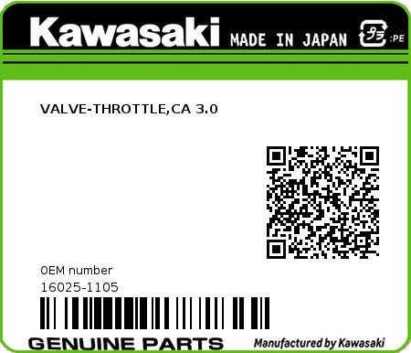 Product image: Kawasaki - 16025-1105 - VALVE-THROTTLE,CA 3.0  0