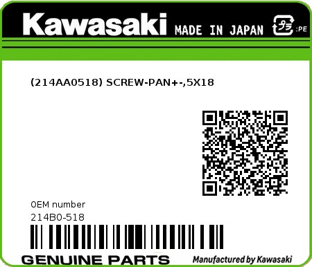 Product image: Kawasaki - 214B0-518 - (214AA0518) SCREW-PAN+-,5X18  0