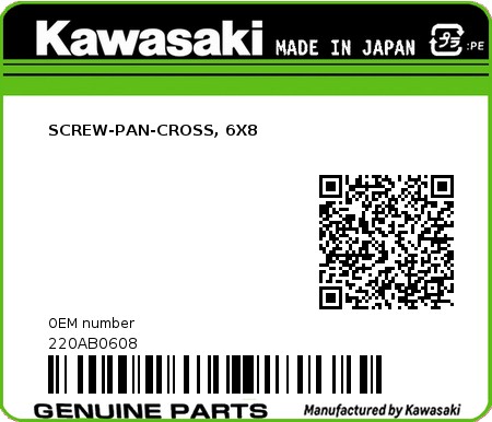 Product image: Kawasaki - 220AB0608 - SCREW-PAN-CROSS, 6X8  0