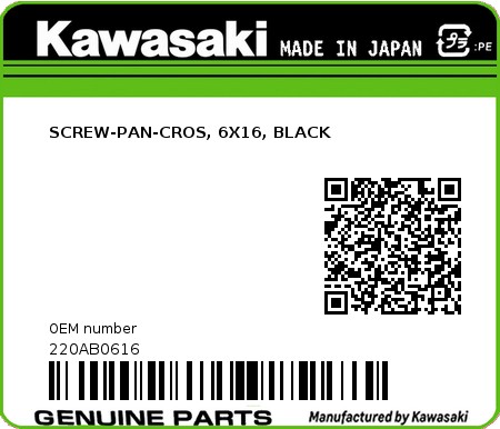 Product image: Kawasaki - 220AB0616 - SCREW-PAN-CROS, 6X16, BLACK  0
