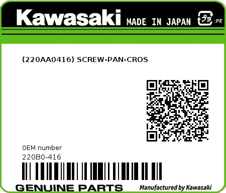 Product image: Kawasaki - 220B0-416 - (220AA0416) SCREW-PAN-CROS  0