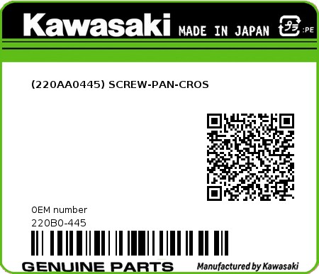 Product image: Kawasaki - 220B0-445 - (220AA0445) SCREW-PAN-CROS  0