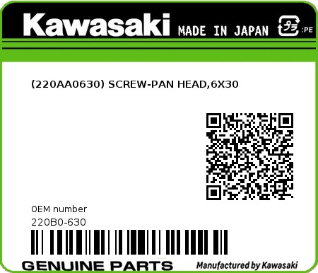 Product image: Kawasaki - 220B0-630 - (220AA0630) SCREW-PAN HEAD,6X30  0