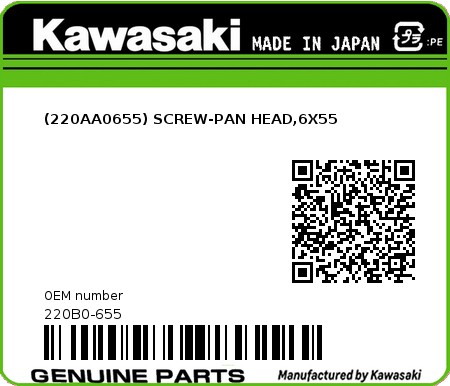 Product image: Kawasaki - 220B0-655 - (220AA0655) SCREW-PAN HEAD,6X55  0