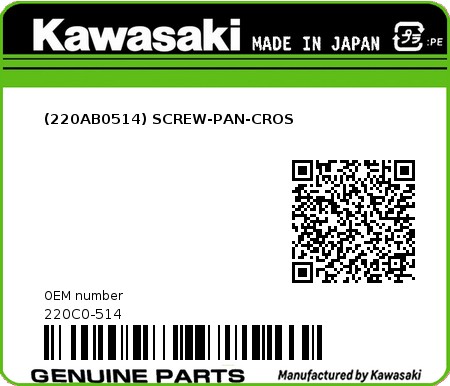 Product image: Kawasaki - 220C0-514 - (220AB0514) SCREW-PAN-CROS  0