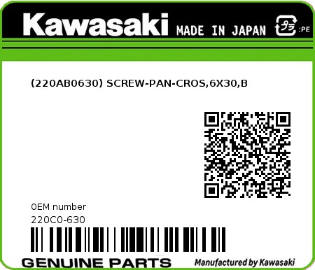 Product image: Kawasaki - 220C0-630 - (220AB0630) SCREW-PAN-CROS,6X30,B  0