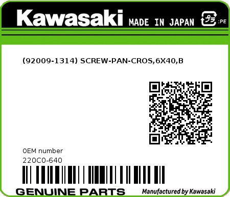 Product image: Kawasaki - 220C0-640 - (92009-1314) SCREW-PAN-CROS,6X40,B  0