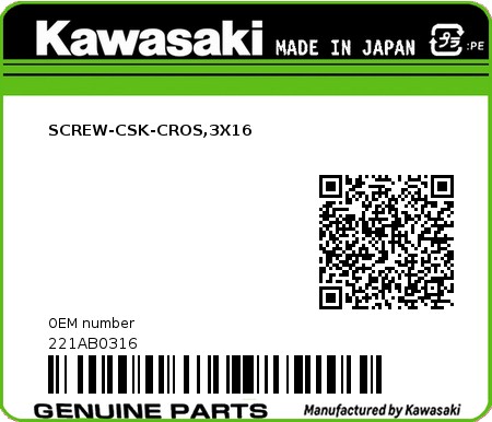 Product image: Kawasaki - 221AB0316 - SCREW-CSK-CROS,3X16  0