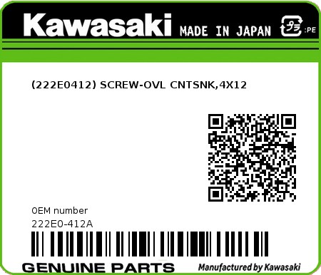 Product image: Kawasaki - 222E0-412A - (222E0412) SCREW-OVL CNTSNK,4X12  0
