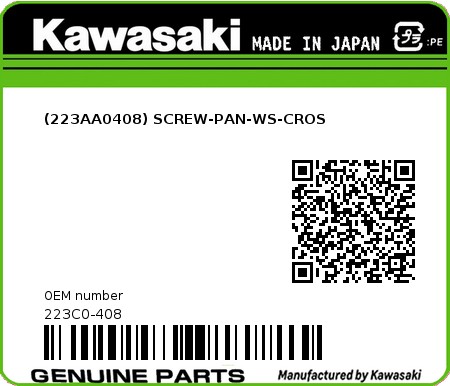 Product image: Kawasaki - 223C0-408 - (223AA0408) SCREW-PAN-WS-CROS  0