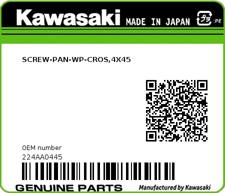 Product image: Kawasaki - 224AA0445 - SCREW-PAN-WP-CROS,4X45  0