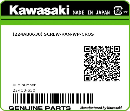 Product image: Kawasaki - 224C0-630 - (224AB0630) SCREW-PAN-WP-CROS  0