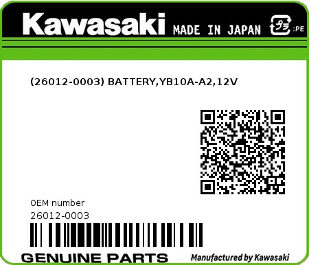 Product image: Kawasaki - 26012-0003 - (26012-0003) BATTERY,YB10A-A2,12V  0