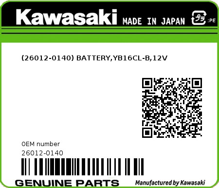 Product image: Kawasaki - 26012-0140 - (26012-0140) BATTERY,YB16CL-B,12V  0