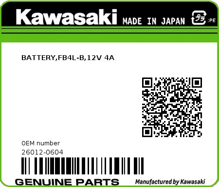 Product image: Kawasaki - 26012-0604 - BATTERY,FB4L-B,12V 4A  0