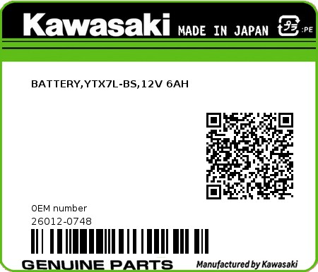 Product image: Kawasaki - 26012-0748 - BATTERY,YTX7L-BS,12V 6AH  0