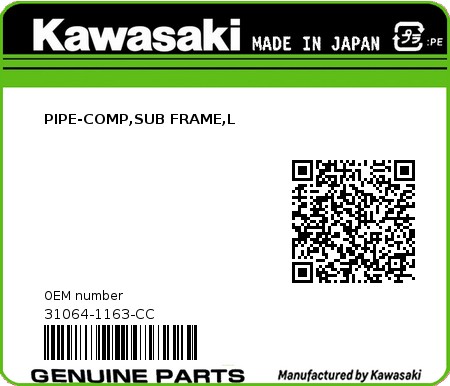 Product image: Kawasaki - 31064-1163-CC - PIPE-COMP,SUB FRAME,L  0
