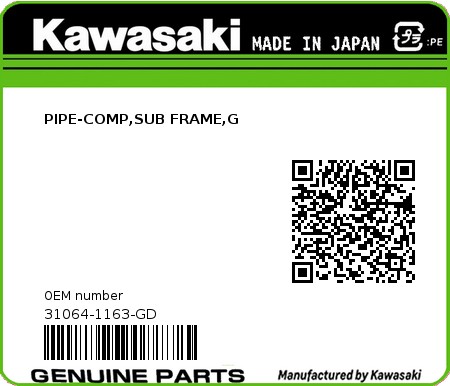 Product image: Kawasaki - 31064-1163-GD - PIPE-COMP,SUB FRAME,G  0
