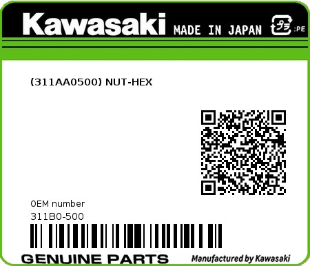 Product image: Kawasaki - 311B0-500 - (311AA0500) NUT-HEX  0