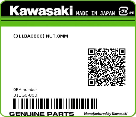 Product image: Kawasaki - 311G0-800 - (311BA0800) NUT,8MM  0