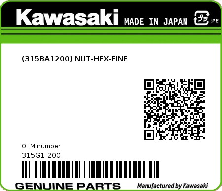 Product image: Kawasaki - 315G1-200 - (315BA1200) NUT-HEX-FINE  0