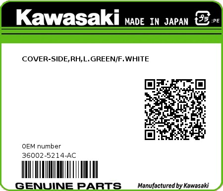 Product image: Kawasaki - 36002-5214-AC - COVER-SIDE,RH,L.GREEN/F.WHITE  0