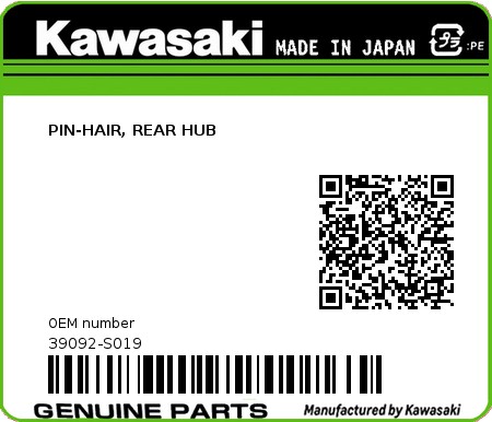 Product image: Kawasaki - 39092-S019 - PIN-HAIR, REAR HUB  0