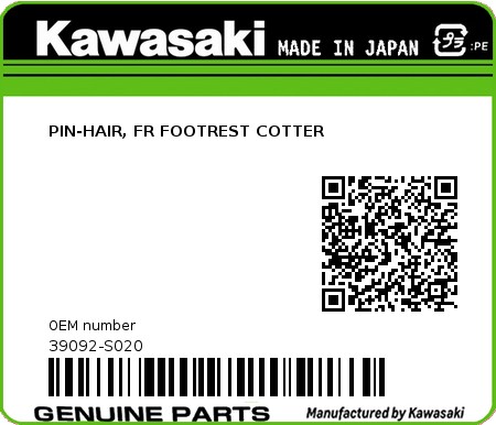 Product image: Kawasaki - 39092-S020 - PIN-HAIR, FR FOOTREST COTTER  0