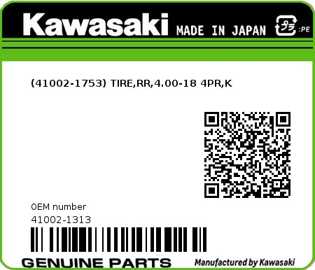 Product image: Kawasaki - 41002-1313 - (41002-1753) TIRE,RR,4.00-18 4PR,K  0