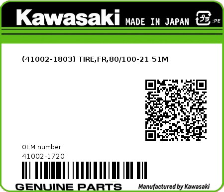 Product image: Kawasaki - 41002-1720 - (41002-1803) TIRE,FR,80/100-21 51M  0
