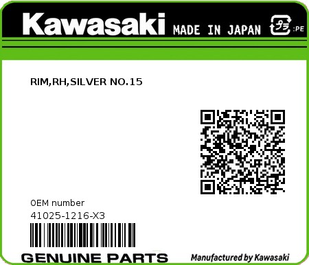 Product image: Kawasaki - 41025-1216-X3 - RIM,RH,SILVER NO.15  0