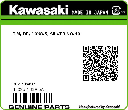Product image: Kawasaki - 41025-1339-5A - RIM, RR, 10X8.5, SILVER NO.40  0