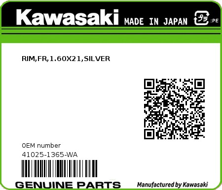 Product image: KAWASAKI - 41025-1365-WA - RIM,FR,1.60X21,SILVER  0