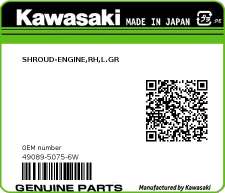 Product image: Kawasaki - 49089-5075-6W - SHROUD-ENGINE,RH,L.GR  0