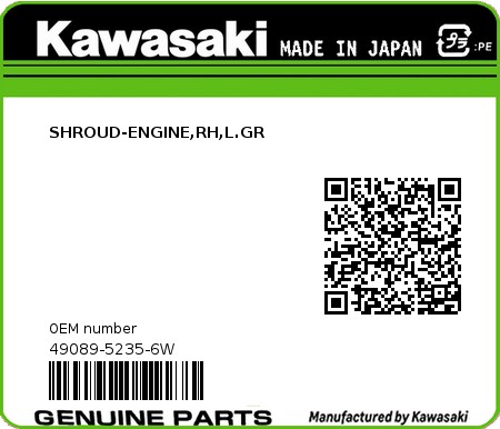 Product image: Kawasaki - 49089-5235-6W - SHROUD-ENGINE,RH,L.GR  0