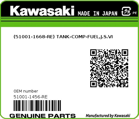 Product image: Kawasaki - 51001-1456-RE - (51001-1668-RE) TANK-COMP-FUEL,J.S.VI  0