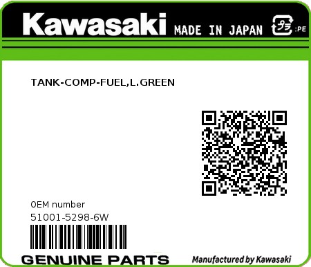 Product image: Kawasaki - 51001-5298-6W - TANK-COMP-FUEL,L.GREEN  0