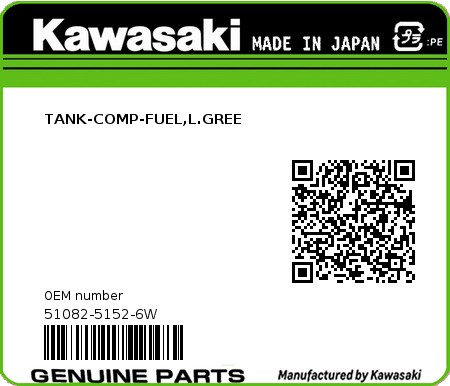 Product image: Kawasaki - 51082-5152-6W - TANK-COMP-FUEL,L.GREE  0