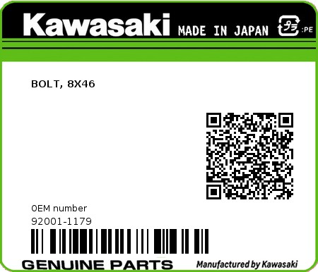 Product image: Kawasaki - 92001-1179 - BOLT, 8X46  0