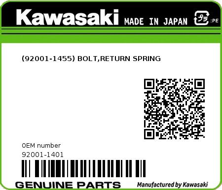 Product image: Kawasaki - 92001-1401 - (92001-1455) BOLT,RETURN SPRING  0