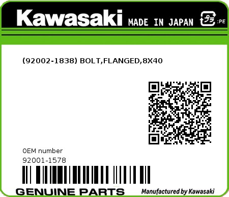 Product image: Kawasaki - 92001-1578 - (92002-1838) BOLT,FLANGED,8X40  0