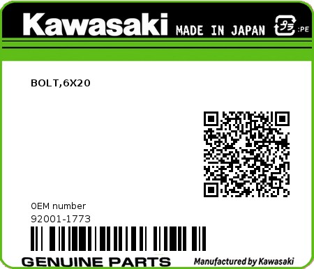 Product image: Kawasaki - 92001-1773 - BOLT,6X20  0