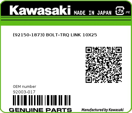 Product image: Kawasaki - 92003-017 - (92150-1873) BOLT-TRQ LINK 10X25  0