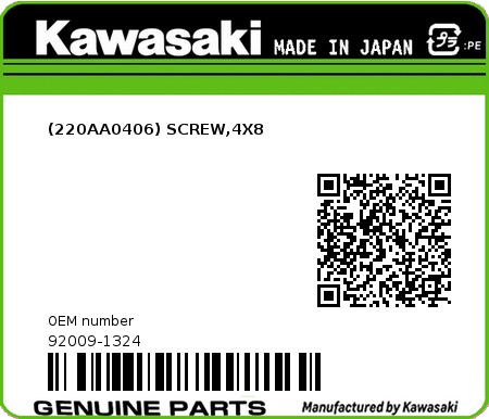 Product image: Kawasaki - 92009-1324 - (220AA0406) SCREW,4X8  0